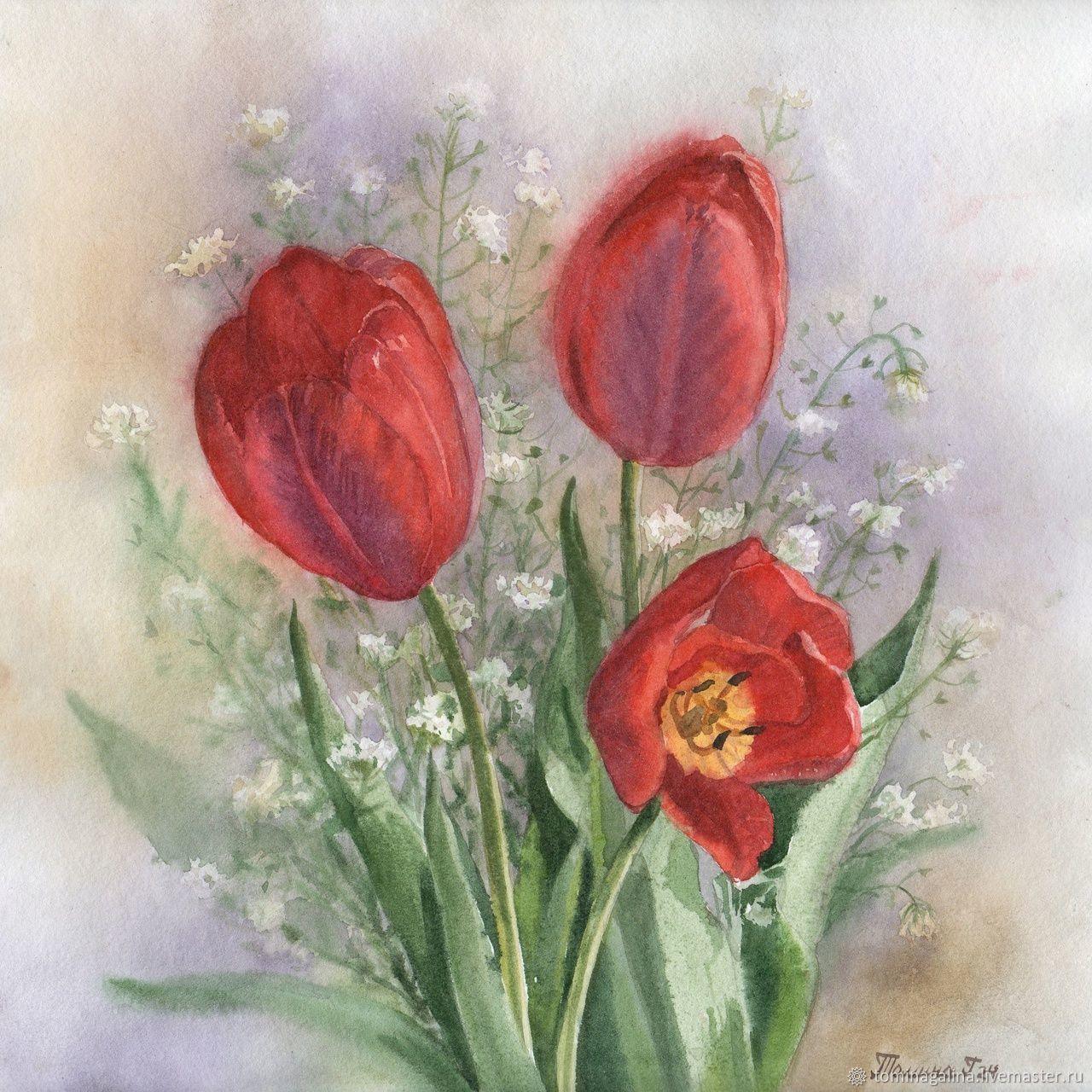 Весенние тюльпаны акварелью: пишем вместе с мастером
