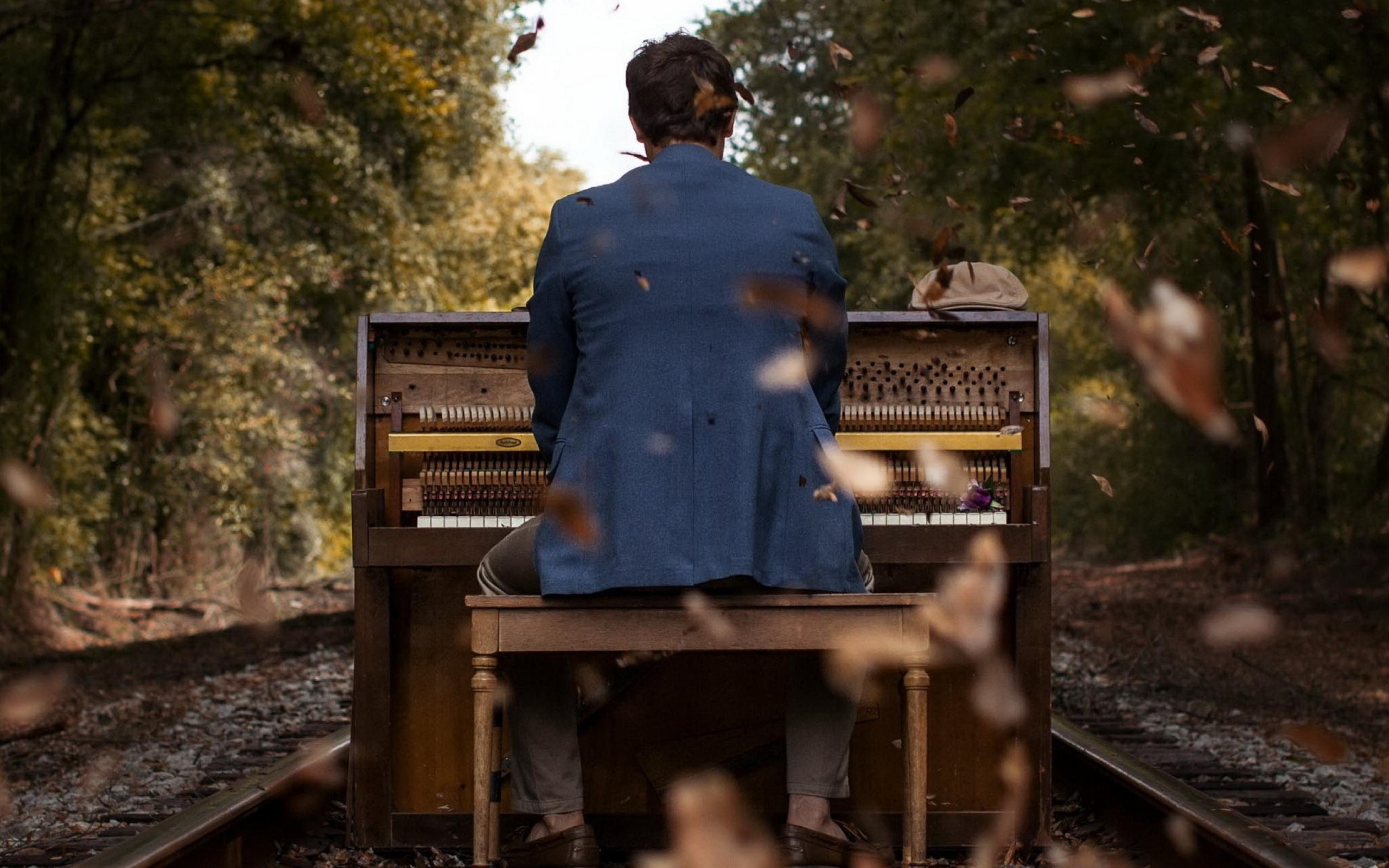 Железная дорога песни слушать. Пианист в лесу. Человек за пианино. Пианино и человек. Фортепиано на природе.