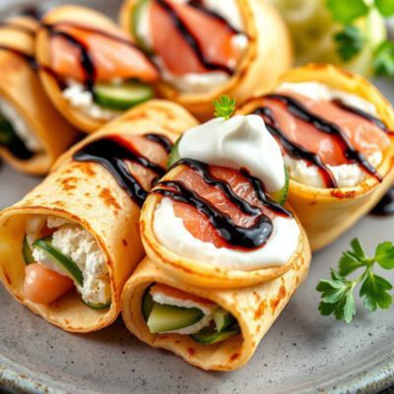 Кулинарный мастер класс Блины с творожным сыром, огурцом и лососем татаки