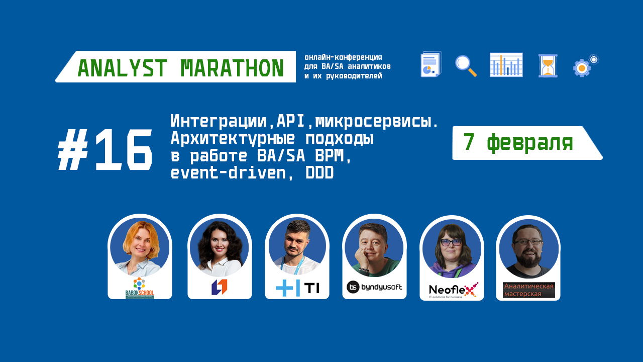 Analyst Marathon #16. Интеграции, API, Микросервисы Архитектурные подходы в работе BA/SA BPM Корпоративная страница