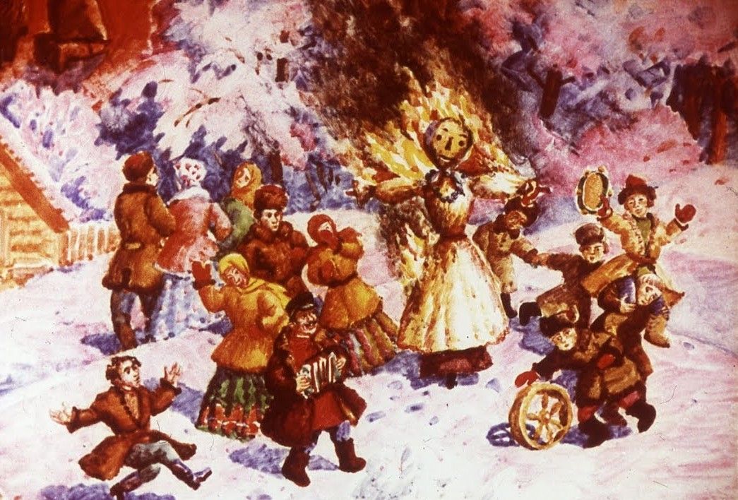 На переднем плане картины на фоне фигур ряженых с мазанными сажей лицами ярко выделяется девушка