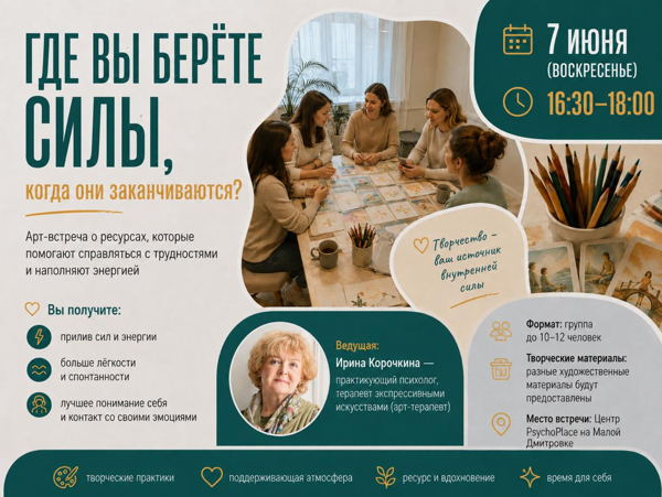 16:30. Арт-встреча: «Поиск внутренней силы с помощью терапии выразительными искусствами»