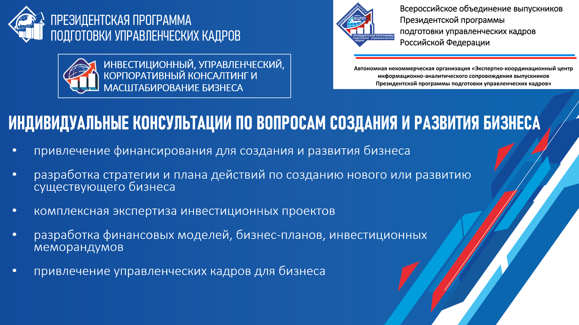Индивидуальные консультации по вопросам финансирования, организации и развития бизнеса
