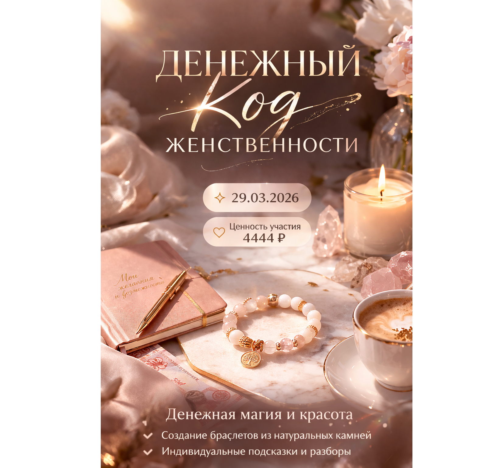 "ДЕНЕЖНЫЙ КОД ЖЕНСТВЕННОСТИ" . Женский завтрак с нумерологом психологами и магией создания браслетов