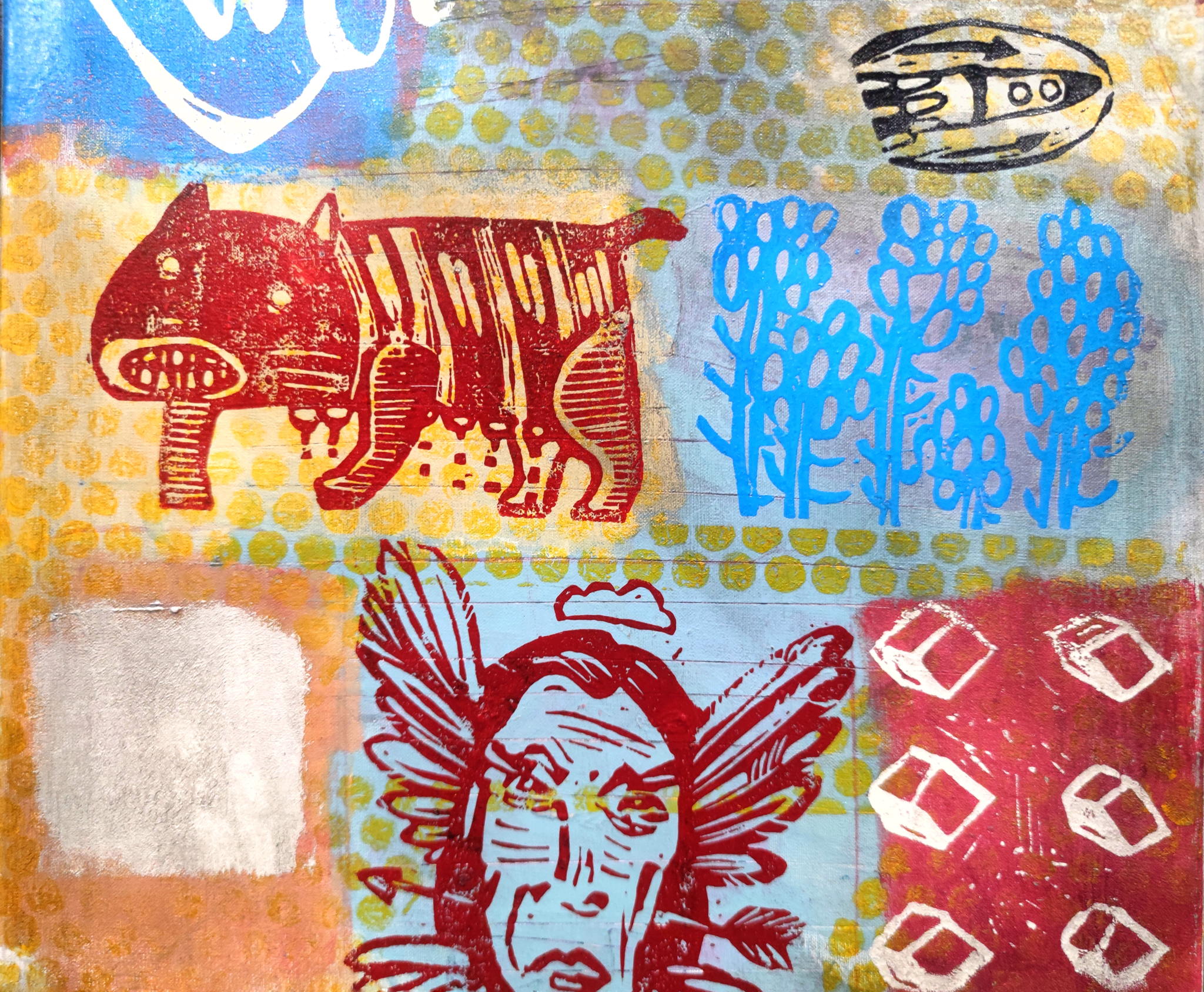 Линогравюра из комбинации нескольких матриц на подкладке из монотипии. 7 и 14 марта