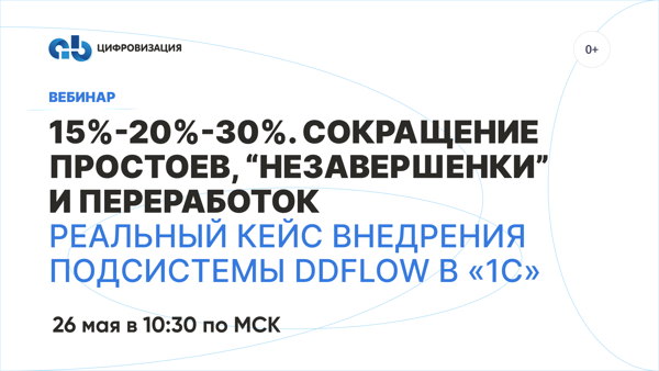 Вебинар «15%-20%-30%. Сокращение простоев, "незавершенки” и переработок. Реальный кейс внедрения подсистемы DDFlow в «1С»