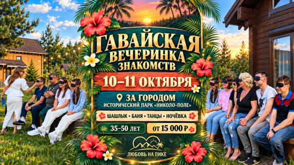 Вечеринка знакомств за городом: Гавайи, баня и ночёвка