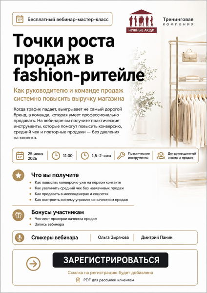 Вебинар-мастер-класс «Точки роста продаж в fashion-ритейле: как руководителю и команде продаж системно повысить выручку магазина»