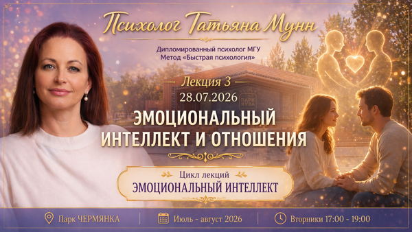 Бесплатная лекция "Эмоциональный интеллект и отношения" 2026-07-28 (вт, 17.00-19.00). Психолог Татьяна Мунн, МГУ
