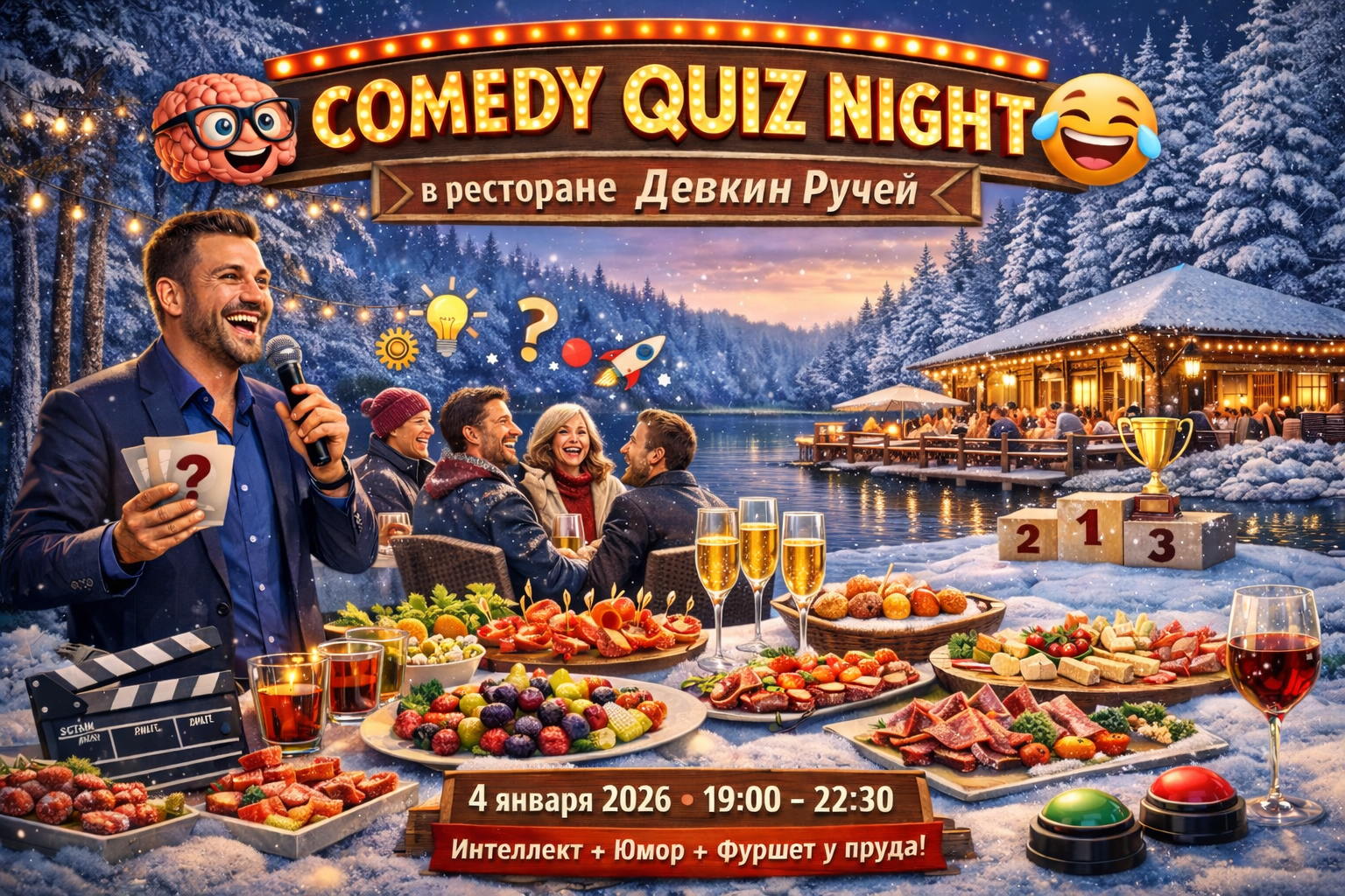 Comedy Quiz: Смейся до слёз, играй до хрипа! Юмористическая битва эрудитов с welcome-фуршетом в ресторане «Девкин ручей»