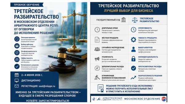 Бесплатное обучение «Третейское разбирательство в Московском отделении Арбитражного центра при РСПП: от оговорки до исполнения решения»