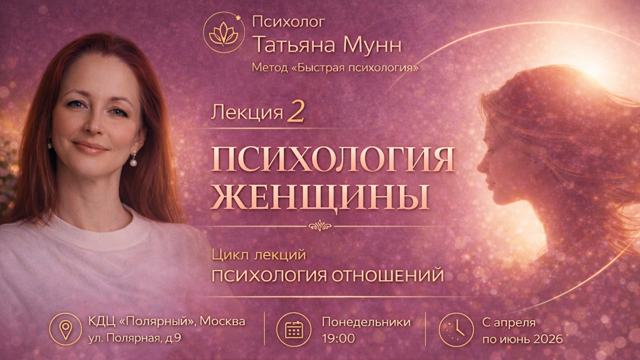Бесплатная лекция "психология отношений. психология женщина" - 13 апреля 2026 (пн, 19.00- 21.00). психолог татьяна мунн