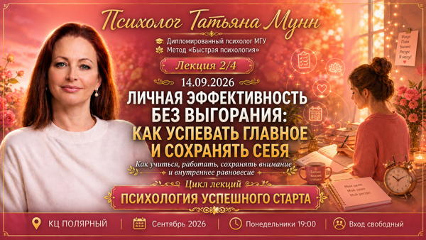Лекция "Личная эффективность без выгорания: как успевать главное и сохранять себя". Психолог Татьяна Мунн